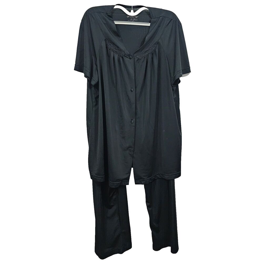 Lissome Lounge Button Front Short Sleeve Top & Pant Set Black Satin Womens XL